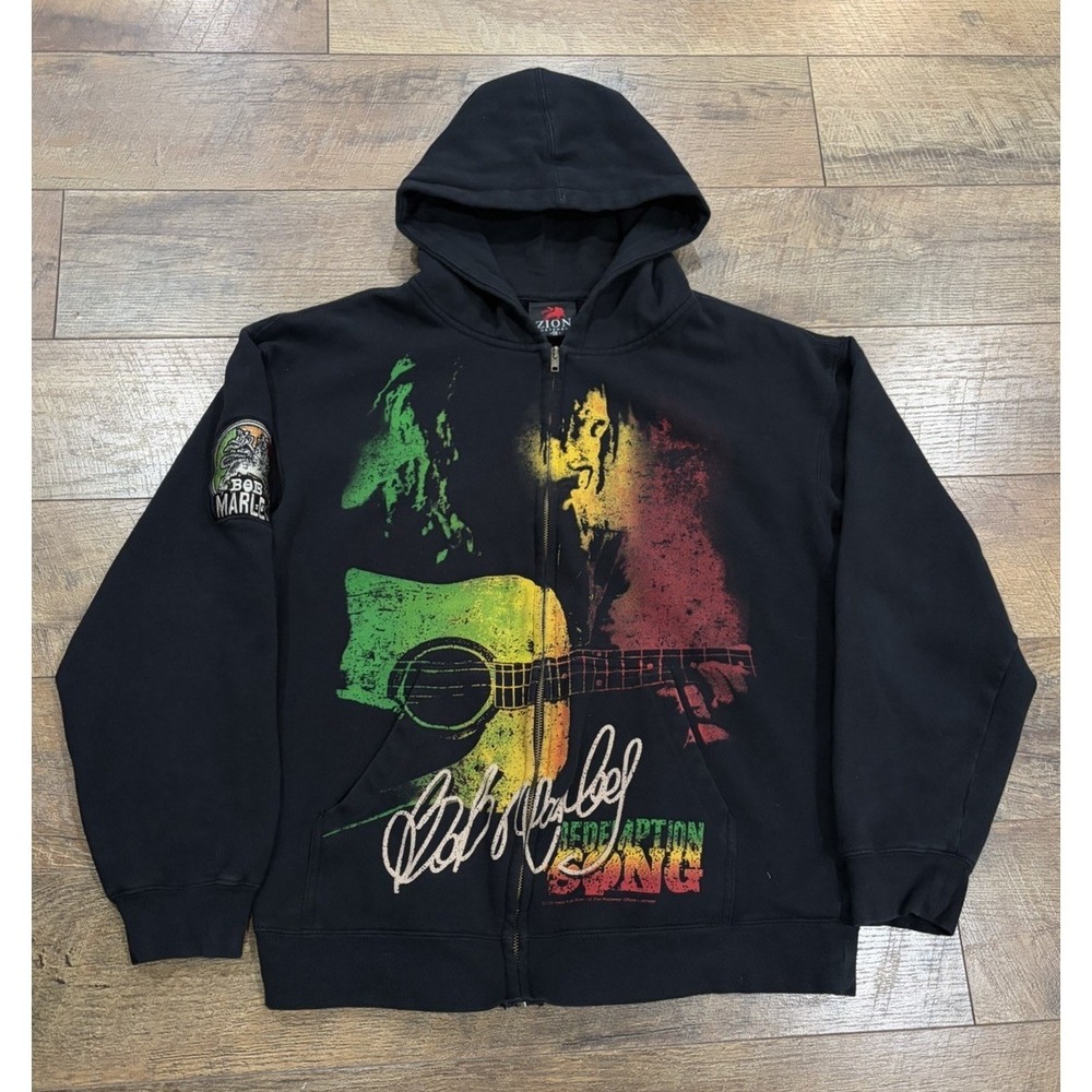 Vintage Bob Marley Graphic Full Zip Hoodie Jacket Black XL Zion Rootswear